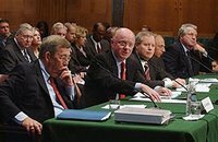 The heads of five major oil companies appear on Capitol Hill Wednesday, Nov. 9, 2005, to discuss energy pricing and profits before a joint hearing of the Senate Commerce and Energy and Natural Resources Committee. Left to right are Lee Raymond for Exxon Mobil, David O'Reilly of Chevron, James Mulva of Conoco Phillips, Ross Pillari of BP America and John Hofmeister of Shell. The chiefs of five major oil companies defended the industry's huge profits Wednesday at a Senate hearing where they were exhorted to explain prices and assure customers they're not being gouged. (AP Photo/Dennis Cook)